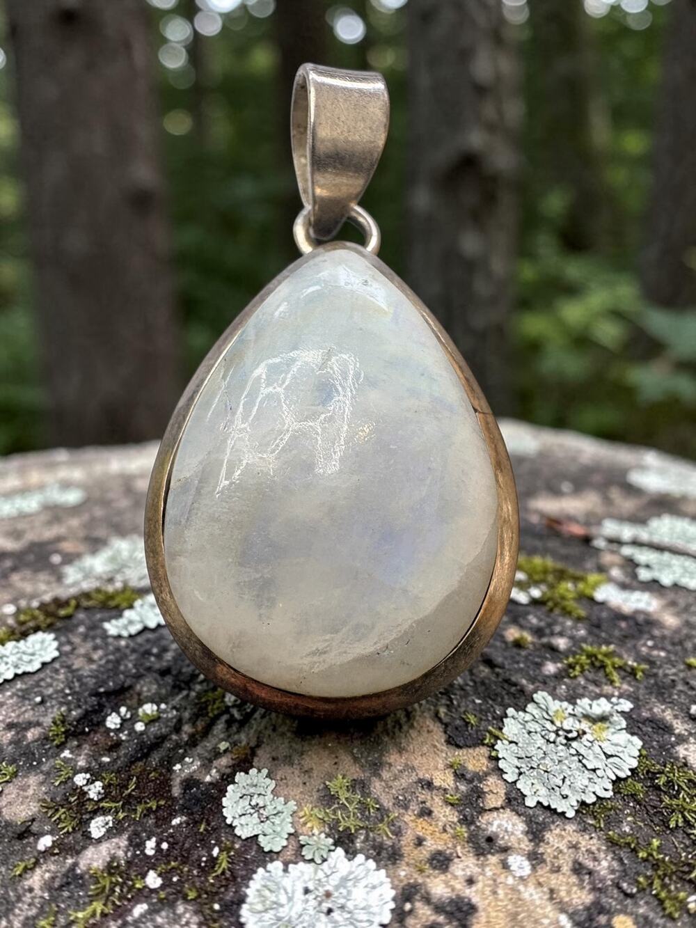 Vintage Sterling Silver Moonstone Teardrop Pendant Smooth Bezel Set Cabochon Dro